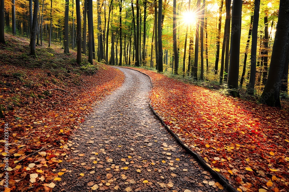 Obraz premium A serene forest trail in autumn, with golden and red leaves carpeting the ground and sunlight streaming through the trees