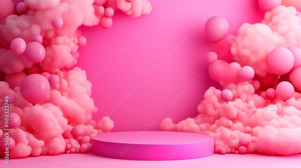 A vibrant pink backdrop with soft, fluffy clouds and a circular platform in the center, creating a whimsical and dreamy atmosphere.