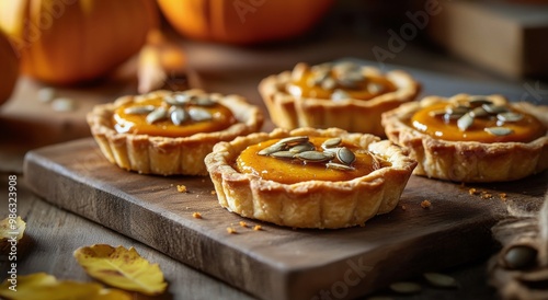 Savory pumpkin tarts with seeds on a wooden table surrounded by autumn decora...