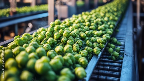 Freshly harvested hops on a conveyor belt in a processing facility during the...