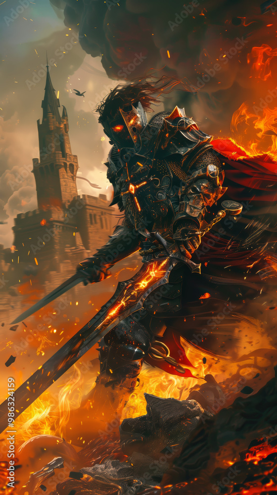 Armored Dark Warrior with Flaming Sword in Battle.