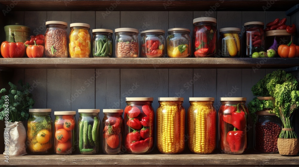 Colorful jars of preserved vegetables lined up on wooden shelves in a rustic setting Colorful jars of preserved vegetables lined up on wooden shelves in a rustic setting
