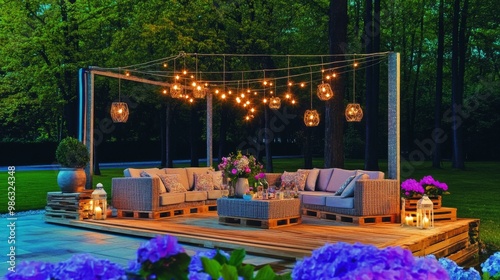 Cozy outdoor seating area illuminated by string lights on a tranquil evening ...