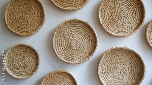 Decorative woven baskets arranged on a white wall for an aesthetic interior d...