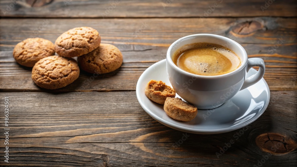 Vertical high angle shot of a cup of espresso with amaretti cookies, with ample text space for copy on top Vertical high angle shot of a cup of espresso with amaretti cookies, with ample text space for copy on top