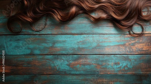 Long, flowing brown hair draped over rustic turquoise wooden surface in natur...