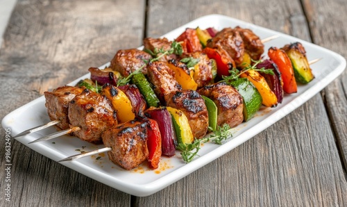 Grilled meat and vegetable skewers served on a white platter with a rustic wo...