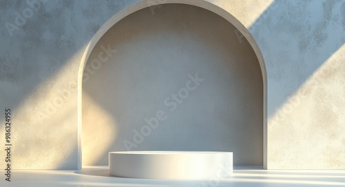 The setting showcases a curvy white podium against a softly lit wall with an ...