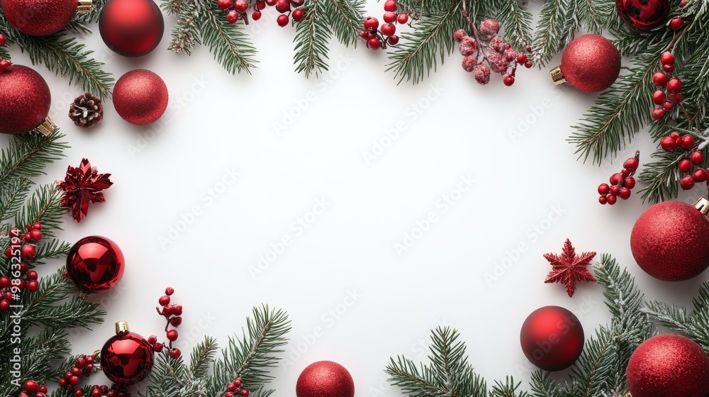 Festive holiday decorations featuring red ornaments and greenery arranged on a white background Festive holiday decorations featuring red ornaments and greenery arranged on a white background
