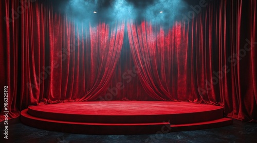 Red velvet stage set for a dramatic performance with spotlight and smoke effe...