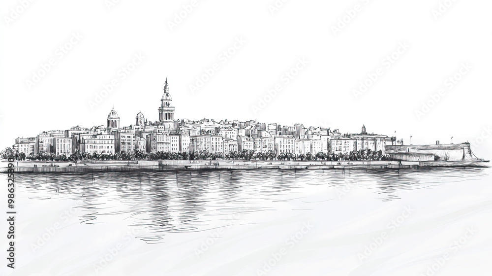 Fototapeta premium Le Havre, France, black and white pen pencil hand-drawn effect drawing illustration for travel poster, card, wallpaper, backdrop or banner. Modern, clear, artistic and simple