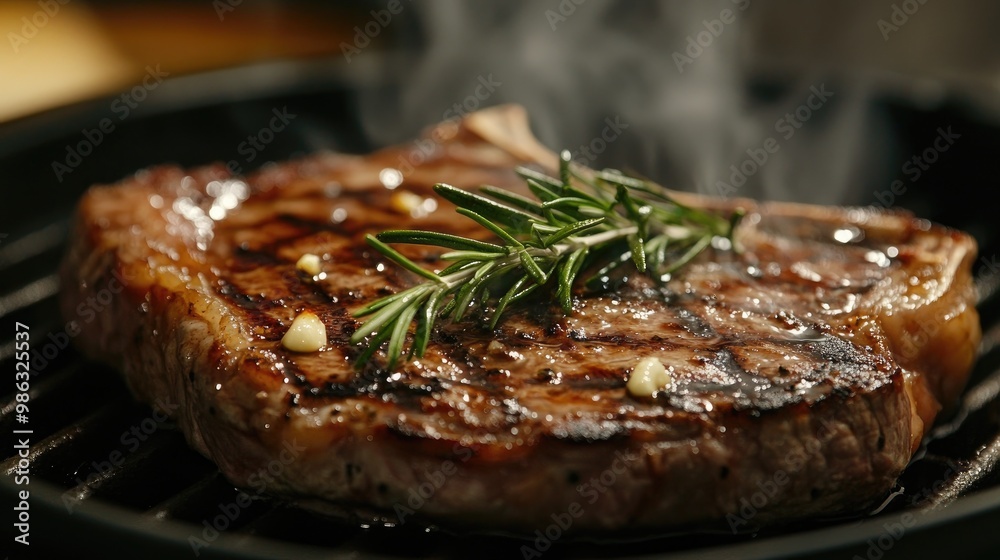 A hot, juicy ribeye steak with visible grill marks, steam rising from the meat, and garnished with rosemary and garlic butter. A hot, juicy ribeye steak with visible grill marks, steam rising from the meat, and garnished with rosemary and garlic butter.
