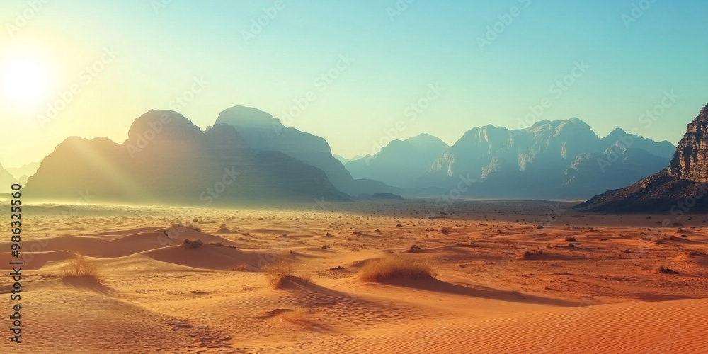 A breathtaking view of vast desert landscapes under a clear sky. The sun casts golden hues on sandy dunes and distant mountains. Ideal for nature lovers and travel enthusiasts. AI A breathtaking view of vast desert landscapes under a clear sky. The sun casts golden hues on sandy dunes and distant mountains. Ideal for nature lovers and travel enthusiasts. AI