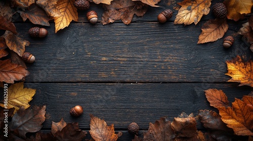 Autumn leaves and acorns arranged beautifully on dark wooden surface during f...