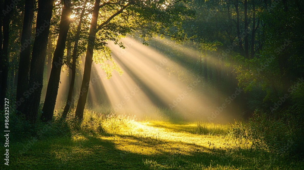 Naklejka premium Sunbeams Illuminating a Forest Path
