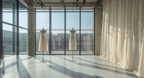 Elegant mannequins showcase simple dresses in a well-lit urban studio during ...
