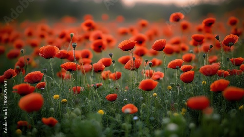 Daisies blooming in a bright golden sunrise during the early morning hours of...