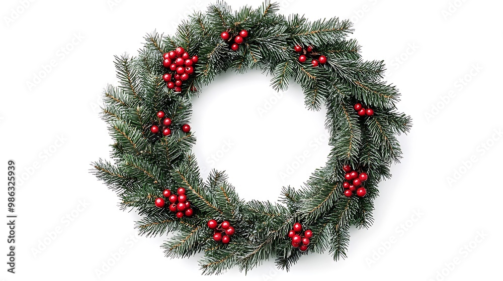 A festive wreath made of evergreen branches adorned with red berries, perfect for holiday decoration.