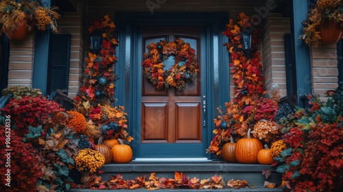 Autumn porch decorated with colorful leaves, pumpkins, and a wreath for the f...