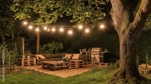 Cozy outdoor seating area illuminated by string lights on a tranquil evening ...
