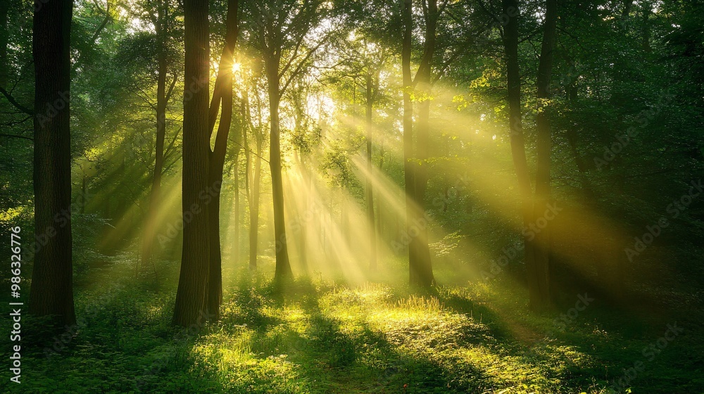 Fototapeta premium Sunbeams Illuminating a Foggy Forest Path