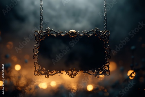 Ornate vintage metal sign with gothic details and chains. Dark, smoky background with warm lights. photo