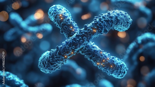 A detailed close-up of a luminous blue DNA strand illuminated by sparkly part...