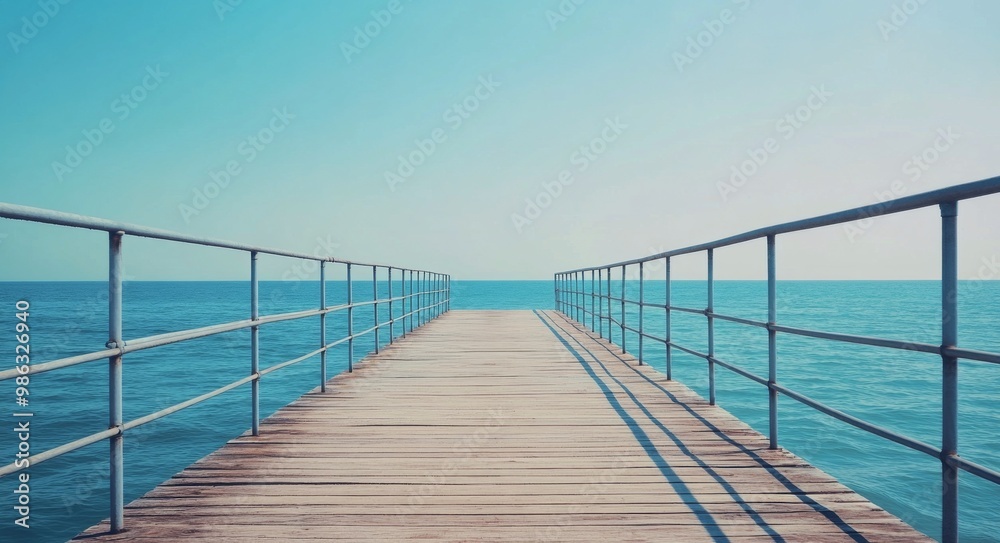 Obraz premium Wooden pier extending over calm blue waters on a clear sunny day