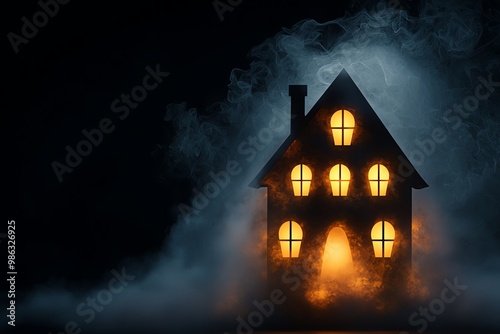 Spooky, illuminated haunted house surrounded by mist and smoke on a dark background.