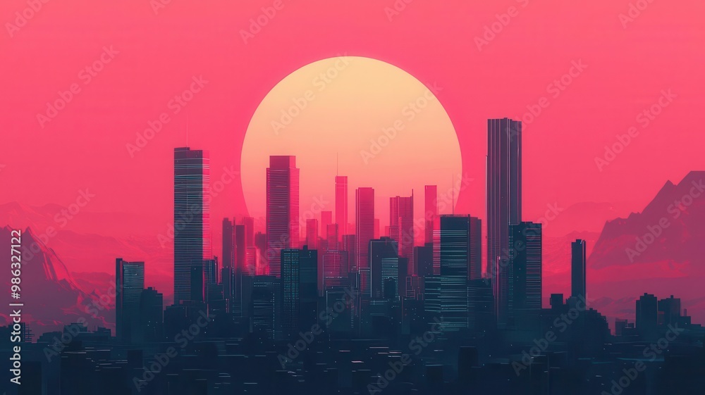 Obraz premium A digital artwork using chrome effects to depict a futuristic city skyline under a neon-lit sky