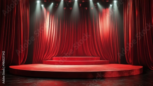 Red velvet stage set for a dramatic performance with spotlight and smoke effe...
