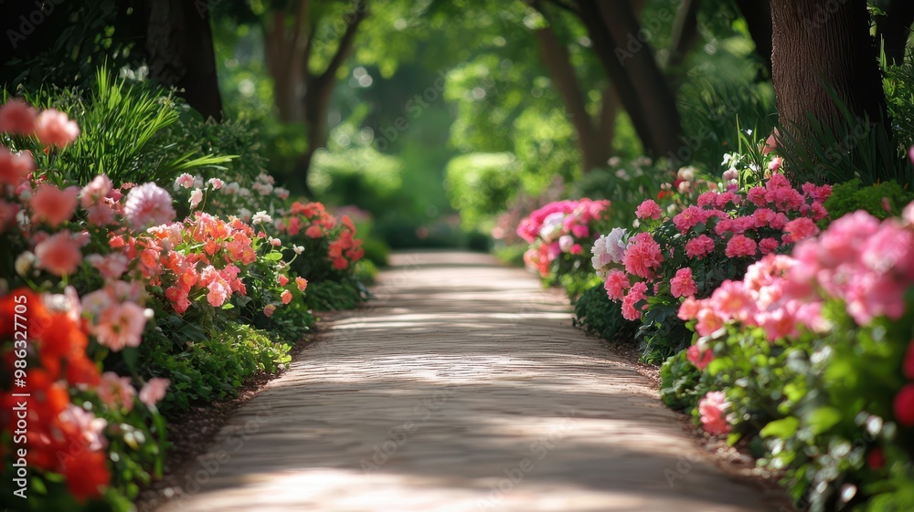 A garden path covered in different varieties of flowers, creating a bright and colorful natural setting with a sense of depth A garden path covered in different varieties of flowers, creating a bright and colorful natural setting with a sense of depth