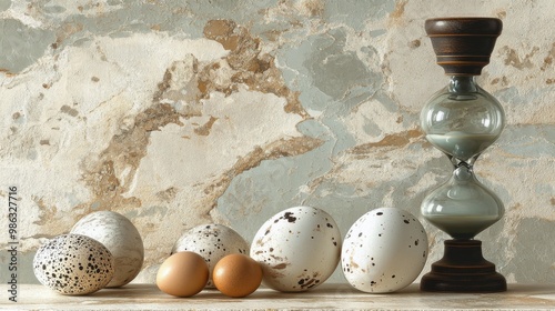 Arrangement of various eggs beside an hourglass on a neutral background durin...