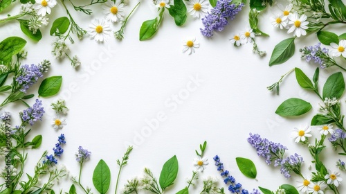 Colorful purple and pink flowers arranged artistically on a white background ...