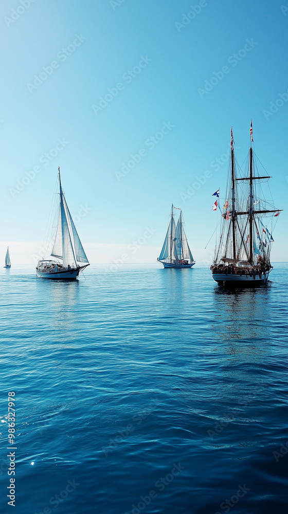 Fototapeta premium World Maritime Day, vibrant ocean scene with sailing ships, deep blue water, festive atmosphere, calm and serene ocean, celebration of global maritime heritage