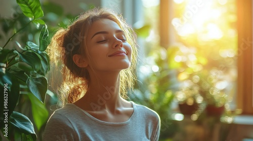 Young woman enjoying a peaceful moment in a sunlit room filled with indoor pl...