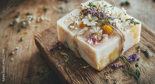 Handcrafted herbal soap with dried flowers on wooden surface in natural setting