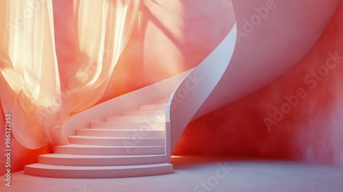 Serene spiral staircase in a softly lit pink interior with flowing fabric drapes