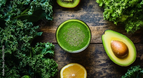 Fresh green smoothie surrounded by ingredients on a wooden table with bright ...