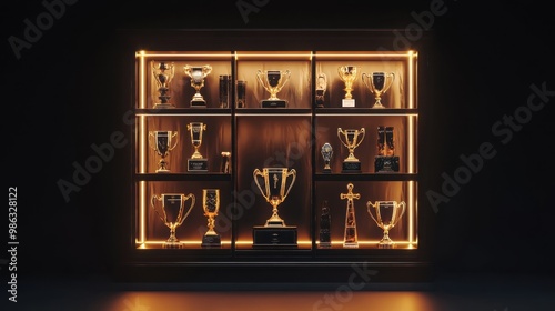 A glowing trophy case with multiple awards symbolizing a lifetime of achievements