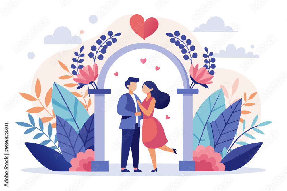 Bride and groom standing by arch decorated for wedding photo shot VECTOR ILLUSTRATION Bride and groom standing by arch decorated for wedding photo shot VECTOR ILLUSTRATION