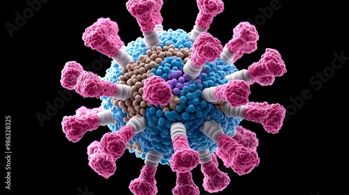 Electron microscope view of intricate virus structure, revealing detailed textures and patterns, showcasing microscopic biology's complexity. photo