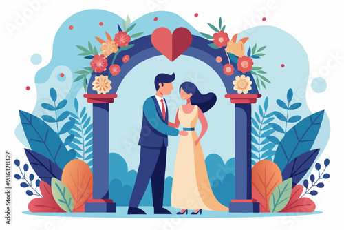 Bride and groom standing by arch decorated for wedding photo shot VECTOR ILLUSTRATION
