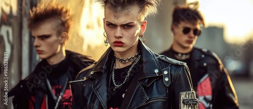 1980s punk fashion with leather jackets and mohawk hairstyles in a gritty city scene photo