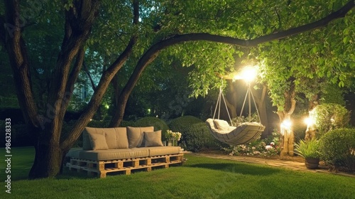 Cozy outdoor seating area illuminated by string lights on a tranquil evening ...