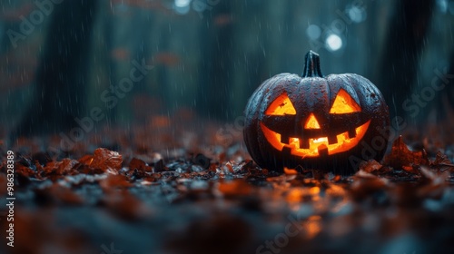 Glowing jack-o'-lantern in the woods on a rainy Halloween night