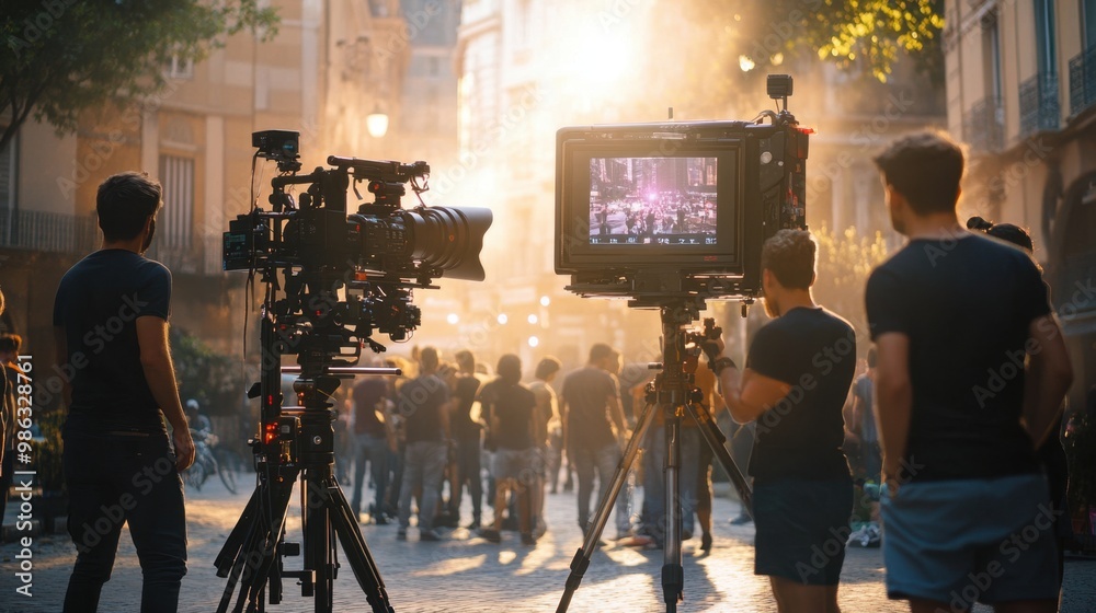 Fototapeta premium Cinematic film crew setting up lights and camera on a dramatic urban street scene