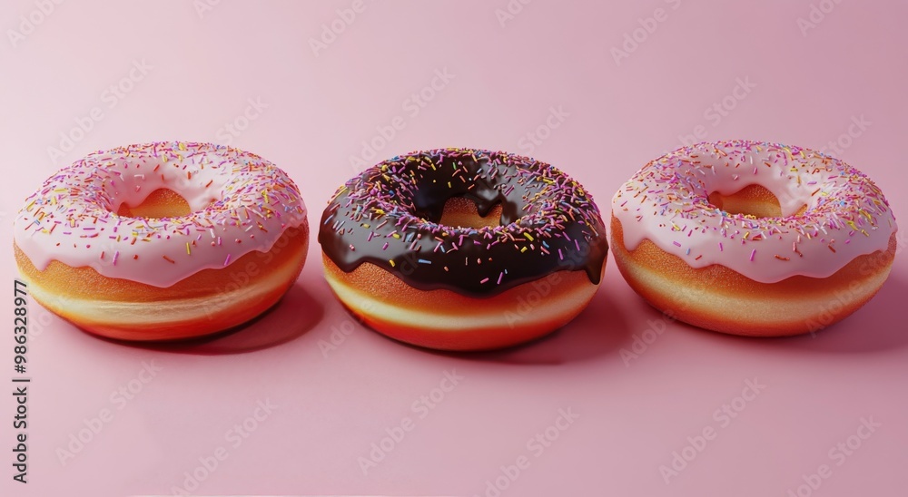 Colorful donuts with frosting and sprinkles arranged on a pink background for a delightful treat Colorful donuts with frosting and sprinkles arranged on a pink background for a delightful treat