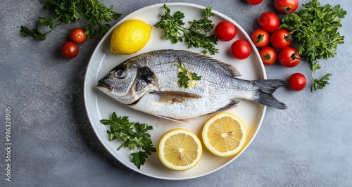 Grilled fish garnished with lemon and fresh vegetables on a white plate at a ...