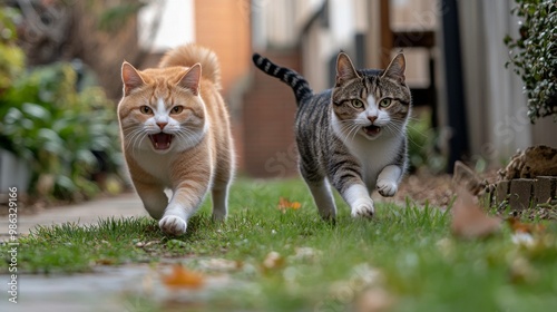 Four playful cats joyfully running through a colorful autumn park during gold...
